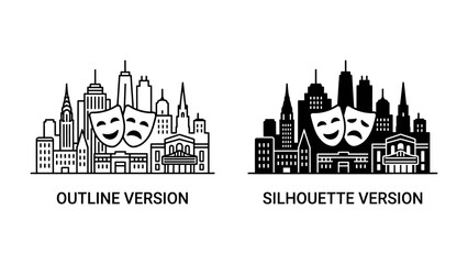 City Skyline with Theater Masks: A striking cityscape featuring various building silhouettes and architectural styles, crowned with iconic comedy and tragedy theater masks. © babuni