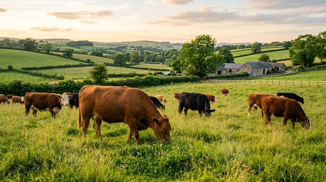Cows Grazing on Lush Green Meadow, Rural Landscape, Livestock Farming
