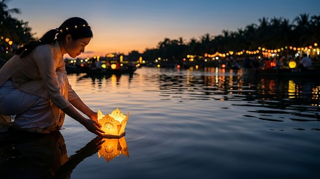 Woman in traditional dress releasing a floating lantern on the water