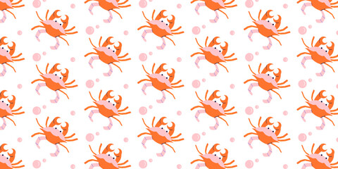 Seamless pattern with cute crabs and bubbles on white background. Marine design for fabric, wallpaper, wrapping paper and textile © hrytsai.art