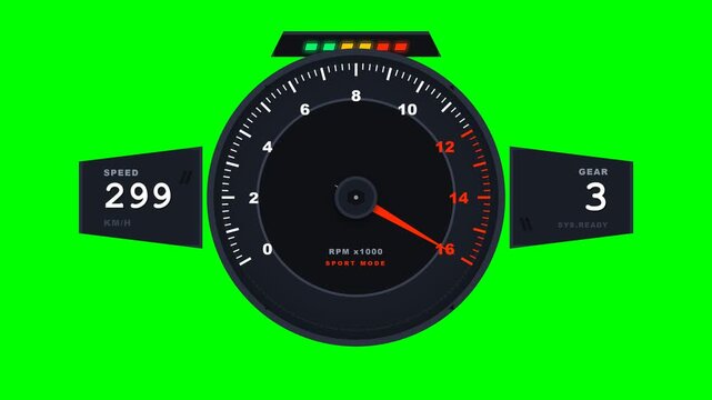 Digital sports car speedometer and tachometer dashboard display on green screen background