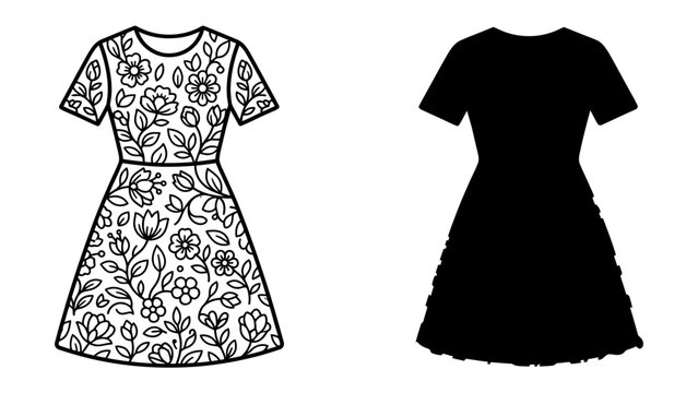 Dress Design Comparison: A black and white line drawing of a floral patterned dress is shown next to a black silhouette of a ruffled dress, highlighting design elements and style variations.