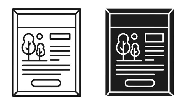 Document Layout with Trees: Two stylized icons representing a document or poster, one outlined and one solid, featuring a simple depiction of trees and text blocks, perfect for informational design.