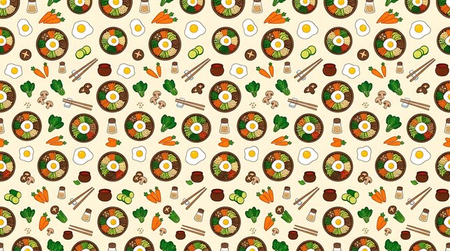 Seamless pattern of traditional korean bibimbap and ingredients