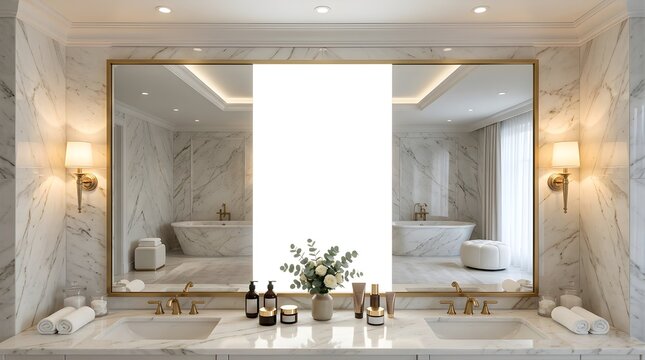 Modern luxury bathroom interior with marble vanity and gold mirror frame