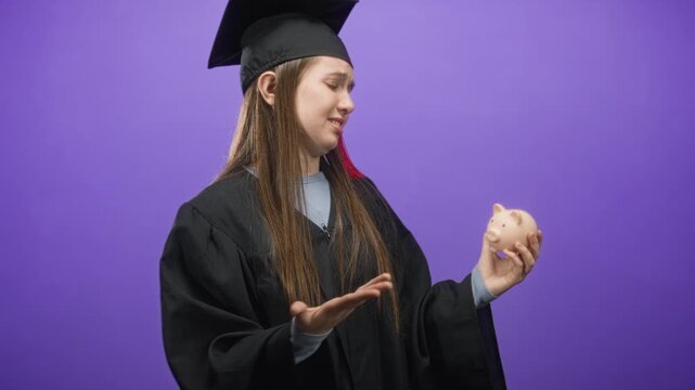 Young woman graduate in cap and gown holds a piggy bank and shrugs hand gesture in studio; debt worry uncertainty.