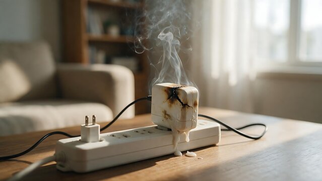 The white power adapter plugged into the power strip became overheated and emitted smoke, indicating a fire hazard and electrical fault.