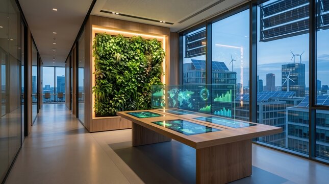Modern sustainable office interior with green living wall and interactive table, large windows showing city skyline with solar panels and wind turbines, eco-friendly architectur...