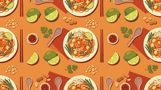 Seamless pattern of pad thai noodle dishes and ingredients