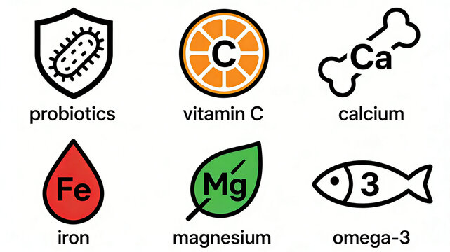 The icons of dietary nutrients are arranged neatly, representing the concept of supplementing multidimensional minerals and fish oil, and using nutrients to supplement daily intake gaps.
