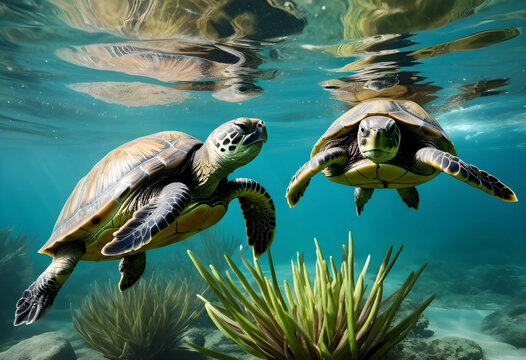 Two sea turtles swimming underwater near the ocean surface with sunlight reflecting on the water and coral reef below, Two sea turtles swim gracefully underwater, one near the surface