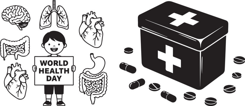 World health day vector icons with human organs and first aid kit