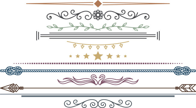 Minimal Decorative Divider Collection with Ornamental Flourishes, Botanical Lines, Rope Borders, Arrow Separators, and Elegant Vector Design Elements
