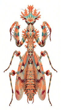 Exotic spiny praying mantis illustration isolated on white background, top view macro of colorful orange and blue armored insect