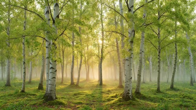 Sunlight rays streaming through a lush green birch forest with morning fog in the early spring