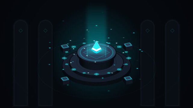 Futuristic isometric digital platform with glowing neon blue geometric shapes and data particles on black background for technology concepts