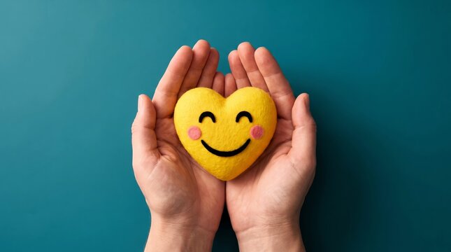 Two gentle hands hold a bright yellow felt heart featuring a cheerful stitched smiling face and cute pink rosy cheeks