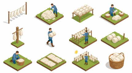 Isometric illustration of sheep farming and wool production process. © Syakilla