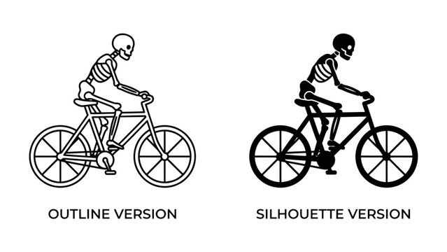 Skeleton Cyclist Graphic: A stylized skeleton is depicted riding a bicycle in two distinct versions: an outline and a silhouette, perfect for graphic design projects and illustrations.
