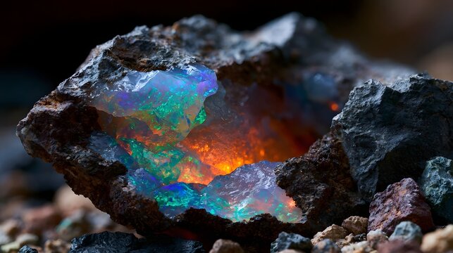 A stunning opal mineral specimen displays vibrant iridescent colors including blue  green  and orange within its rough geological matrix