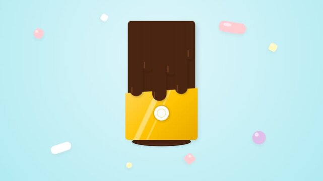 Animated Dark Chocolate Bar in Yellow Foil Wrapper with Melting Cocoa Sauce and Pastel Background