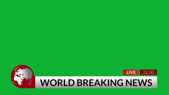 Breaking news red lower third banner with rotating letter cube over green screen chroma key background