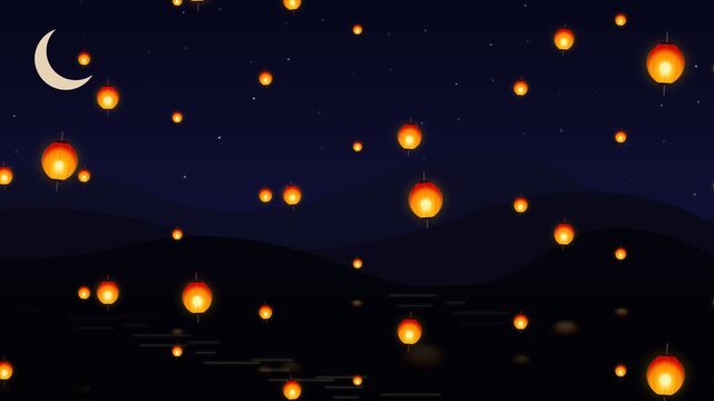Floating sky lanterns at night with crescent moon and hills Ideal for cultural festivals and peaceful celebration backgrounds