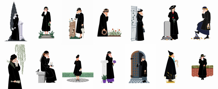 Collection of illustrations depicting women in mourning, wearing black funeral attire and grieving in various cemetery and church settings.