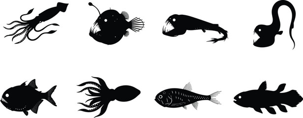 Set of deep sea creature silhouettes including anglerfish, octopus, and mysterious ocean aquatic animals © Designer Arif