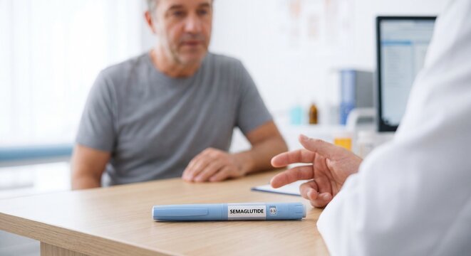 Doctor discussing semaglutide pen with patient during clinic consultation