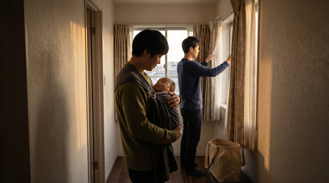 Evening Homecoming With Modern Parents And Infant Baby Sling
