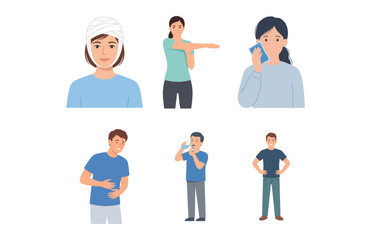 Fototapeta premium Set of Diverse People Experiencing Various Common Health Issues and Physical Discomforts in Flat Illustration Style
