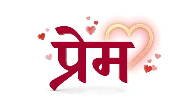 Hindi word prem meaning love written in red 3d font with glowing hearts.