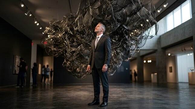 Man Gazing at Abstract Metal Sculpture in Modern Art Gallery
