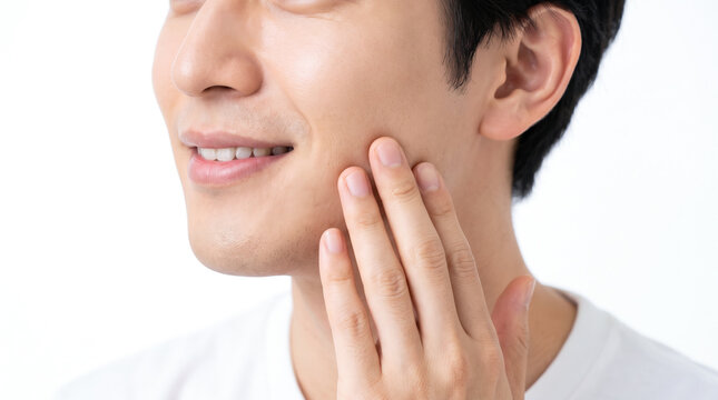 スキンケア後に自分の肌を触る男性 髭剃り後の肌荒れやひげをチェックするイメージ