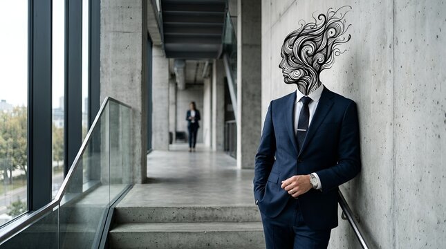 Man in Suit with Abstract Head Design in Modern Office Hallway