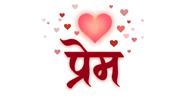 Hindi word prem meaning love written in red 2d font with glowing hearts.