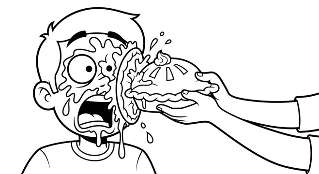 Cartoon line art of a person getting hit in the face with a cream pie