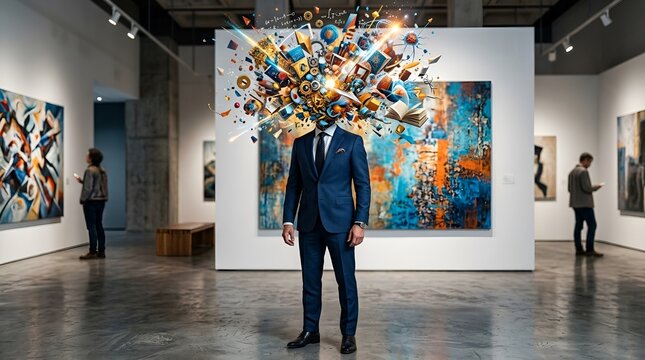 Man with Exploding Head in Art Gallery, Abstract Ideas Manifesting