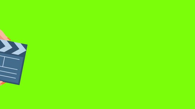 Clapperboard girl fires take for movie camera. Woman hands holding movie clapperboard. Movie assistance. Video recording, film or series production. Woman assistant. 2d flat animation. Alpha channel