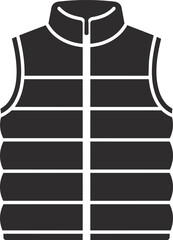 Classic solid black puffer vest icon with high collar and quilted padding, ideal for outdoor apparel catalogs, winter wardrobe planners, streetwear branding, and sportswear graphics © Aikin