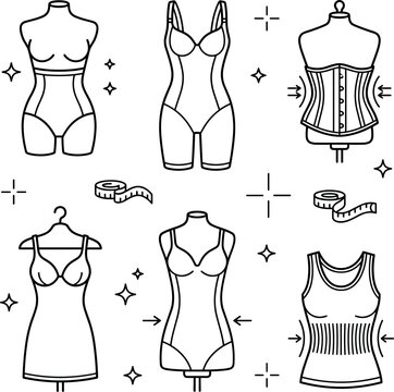 Women Shapewear and Body Slimming Undergarment Line Icon Set with Compression Bodysuits, Corsets, High Waisted Briefs, and Tailor Mannequins
