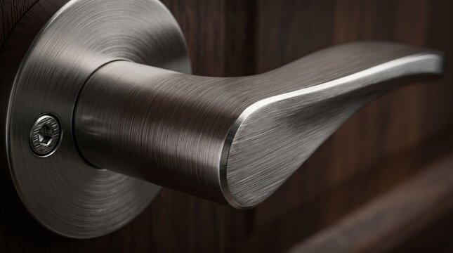 Close-up of a brushed stainless steel door handle showcasing fine metal grain, precision machining, smooth curved edges, and premium craftsmanship with sharp macro detail.