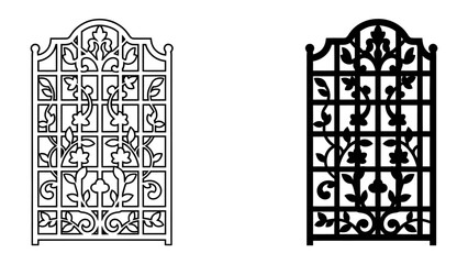 Fototapeta premium Decorative Gate Designs: Two intricately designed, ornate gates with floral and vine motifs, one in black and white outline and the other in solid black.