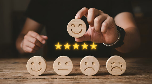 Customer satisfaction rating survey concept with hand holding happy face wooden block over five stars for excellent business service review