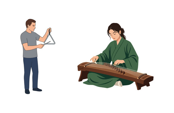Illustration Featuring a Man Playing a Triangle Instrument Beside a Woman Performing on a Traditional Asian Zither Harp