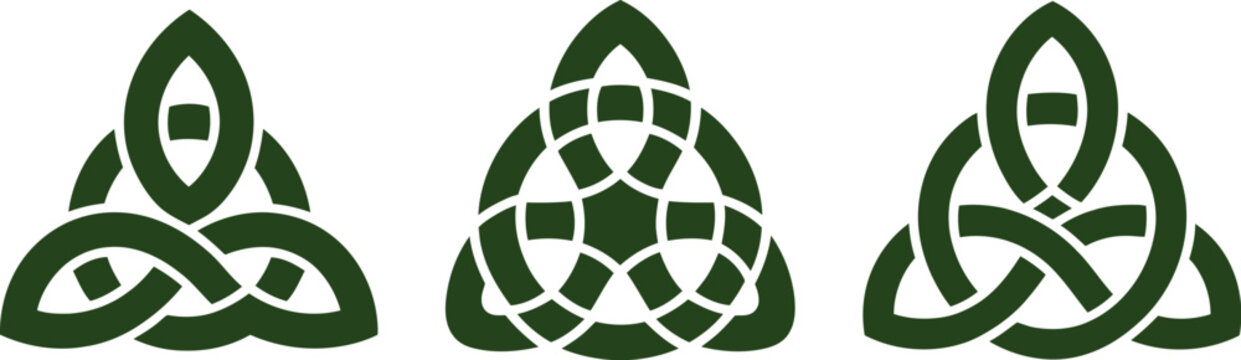 Celtic trinity knot triquetra vector set with traditional green pagan ornaments and sacred geometry elements isolated on white background.