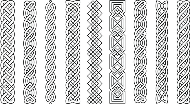 Celtic knot borders vector set featuring traditional interlocking line patterns seamless medieval ornaments and northern European braided decorative bands.