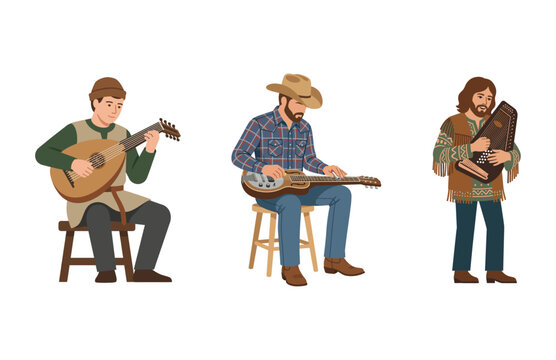 Diverse Musicians Playing Various String Instruments Including Lute Lap Steel Guitar and Dulcimer