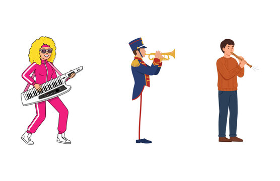 Group of diverse musicians playing various instruments including a keytar player, a brass band member, and a wooden flute player